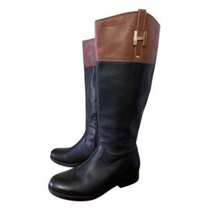 Tommy Hilfiger Shyenne Riding Boots Black Brown Leather Gold Hardware 6.5M